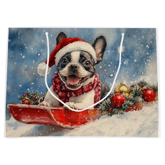 Boston Terrier Dog in Sledge Let it Snow Christmas Große Geschenktüte (Vorderseite)