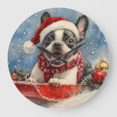 Boston Terrier Dog in Sledge Let it Snow Christmas Große Wanduhr (Vorderseite)