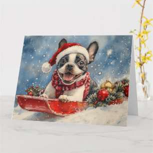 Boston Terrier Dog in Sledge Let it Snow Christmas Karte