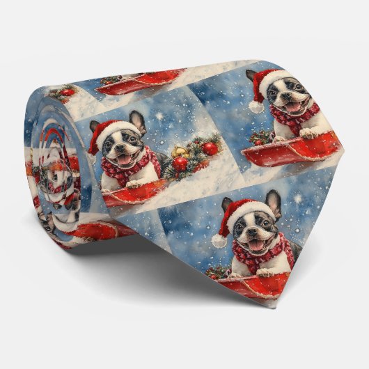 Boston Terrier Dog in Sledge Let it Snow Christmas Krawatte (Gerollt)