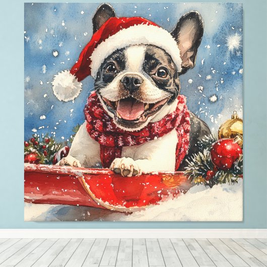 Boston Terrier Dog in Sledge Let it Snow Christmas Leinwanddruck (Insitu (Holzboden))