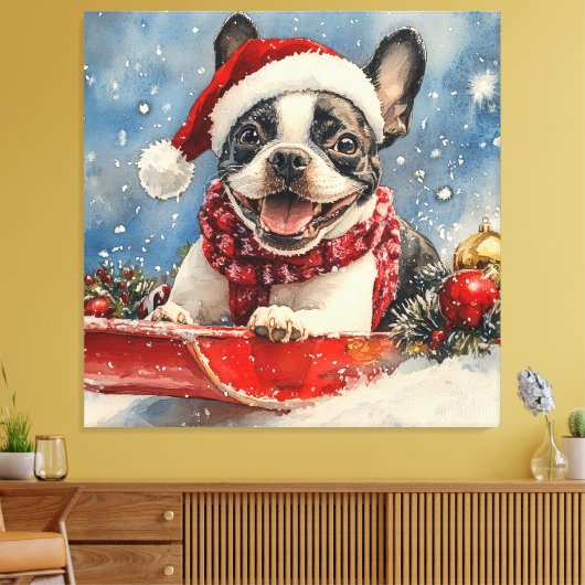 Boston Terrier Dog in Sledge Let it Snow Christmas Leinwanddruck (Insitu (Wohnzimmer))