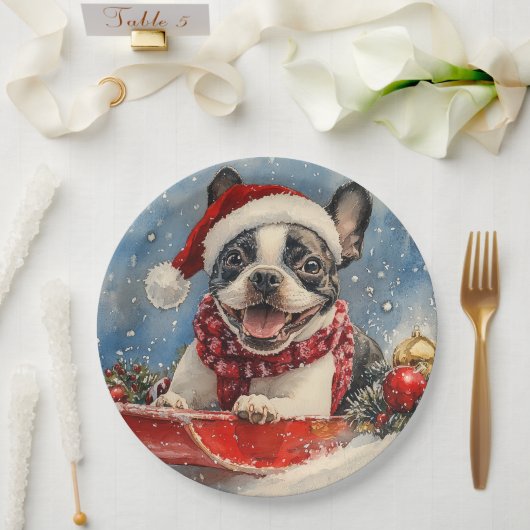 Boston Terrier Dog in Sledge Let it Snow Christmas Pappteller (Hochzeit)