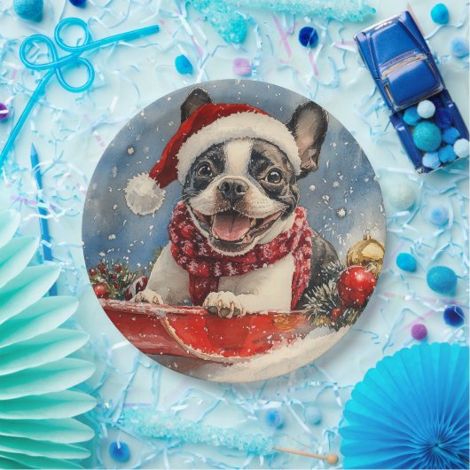 Boston Terrier Dog in Sledge Let it Snow Christmas Pappteller (Party)