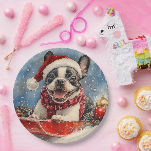 Boston Terrier Dog in Sledge Let it Snow Christmas Pappteller (Party)