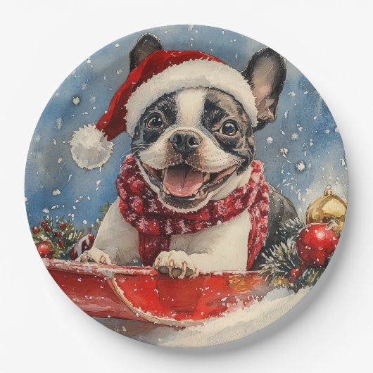 Boston Terrier Dog in Sledge Let it Snow Christmas Pappteller (Vorderseite)