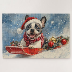 Boston Terrier Dog in Sledge Let it Snow Christmas Puzzle