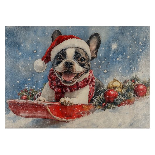 Boston Terrier Dog in Sledge Let it Snow Christmas Schneidebrett (Vorderseite)