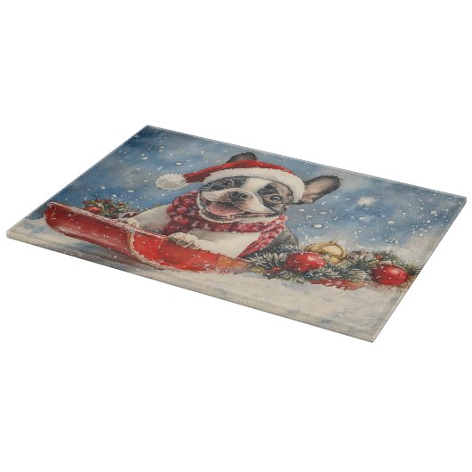Boston Terrier Dog in Sledge Let it Snow Christmas Schneidebrett (Ecke)