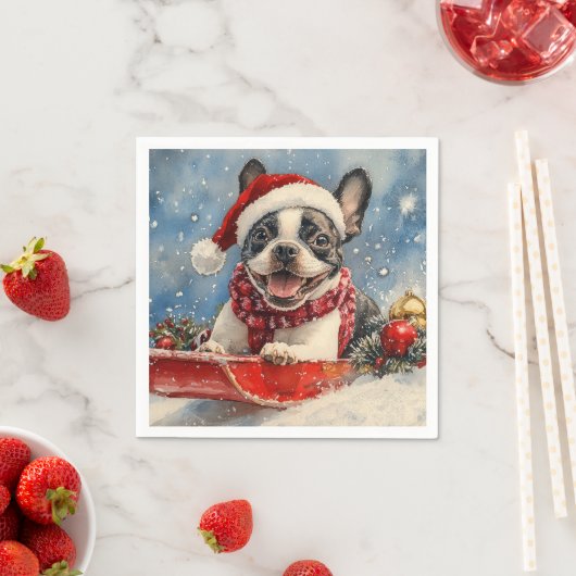 Boston Terrier Dog in Sledge Let it Snow Christmas Serviette (Beispiel)