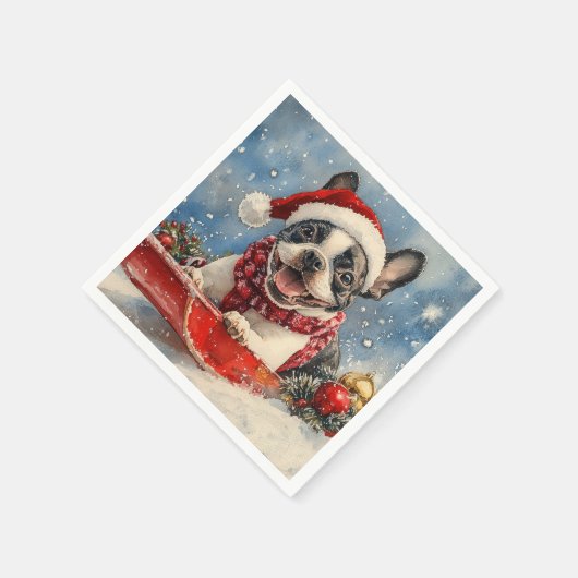 Boston Terrier Dog in Sledge Let it Snow Christmas Serviette (Ecke)