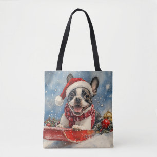 Boston Terrier Dog in Sledge Let it Snow Christmas Tasche