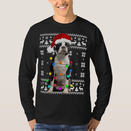 Boston Terrier Dog Lights Ugly Puppy Weihnachtsman T-Shirt (Vorderseite)