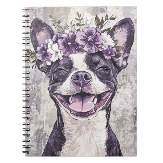 Boston Terrier Dog Lila Floral Notizblock (Vorderseite)