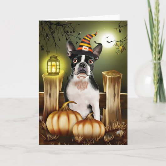 Boston Terrier Dog mit Hexenhut Halloween Karte (Vorderseite)