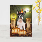 Boston Terrier Dog mit Hexenhut Halloween Karte (Gelbe Blume)