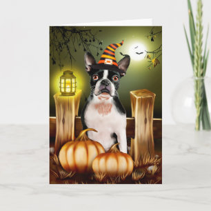 Boston Terrier Dog mit Hexenhut Halloween Karte