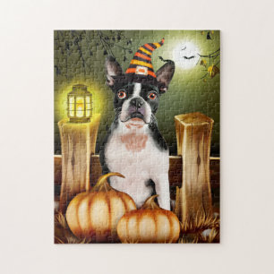 Boston Terrier Dog mit Hexenhut Halloween Puzzle