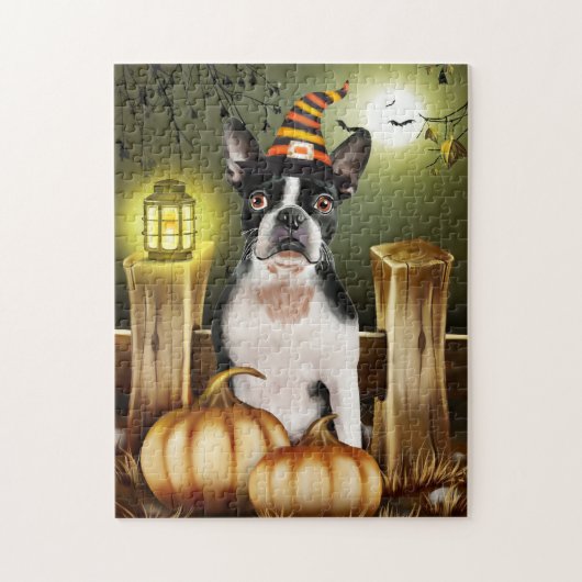 Boston Terrier Dog mit Hexenhut Halloween Puzzle (Vertikal)