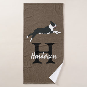 Boston Terrier Dog Monogram Nachname Badhandtuch Set