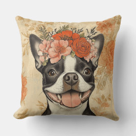 Boston Terrier Dog Orange Floral Kissen