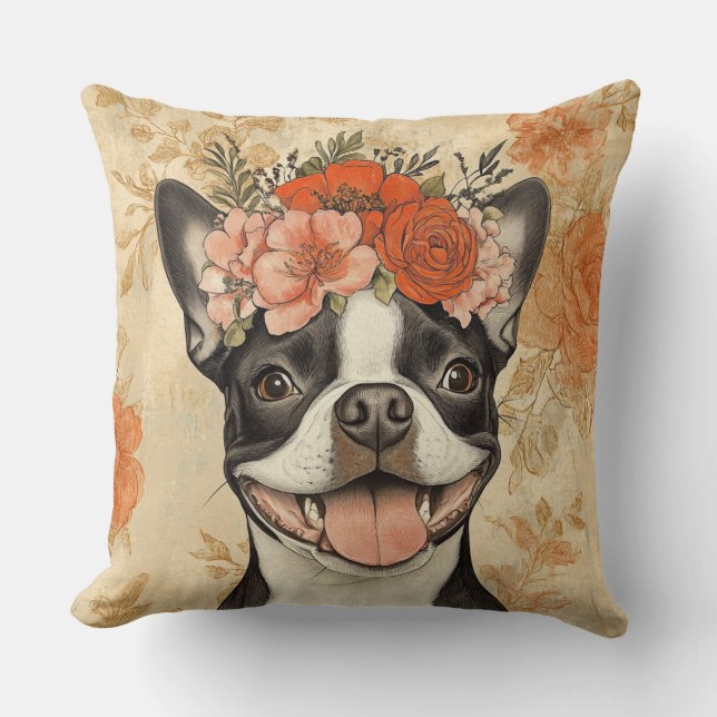 Boston Terrier Dog Orange Floral Kissen (Vorderseite)