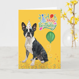 Boston Terrier Dog Party Hat Yellow Birthday Karte