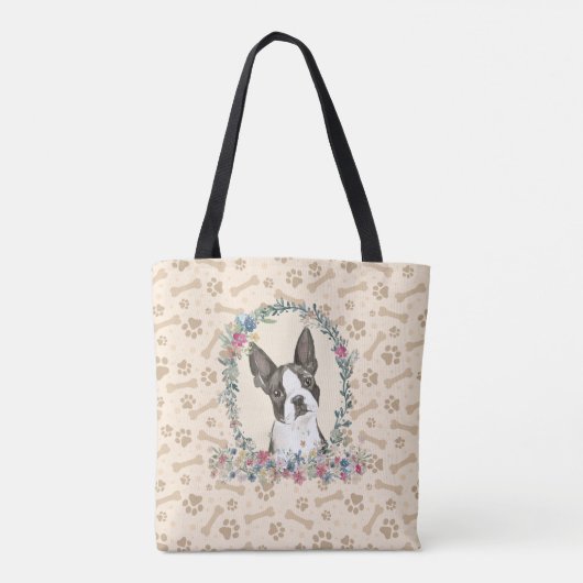 Boston Terrier Dog Paw Print & Dog Bone Niedlich Tasche (Rückseite)