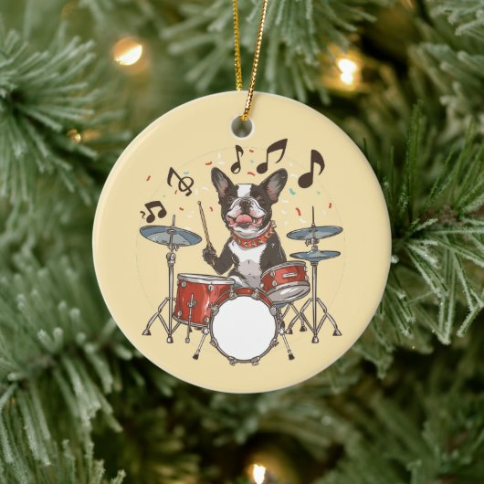 Boston Terrier Dog Playing Drums Keramik Ornament (Baum)