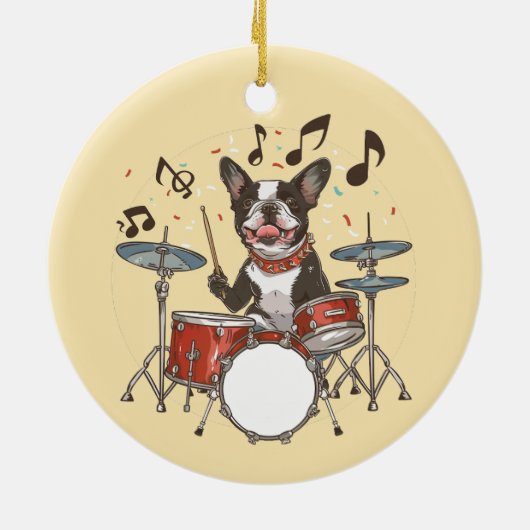 Boston Terrier Dog Playing Drums Keramik Ornament (Hinten)