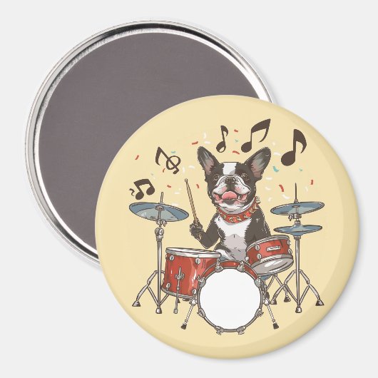 Boston Terrier Dog Playing Drums Magnet (Vorderseite/Rückseite)