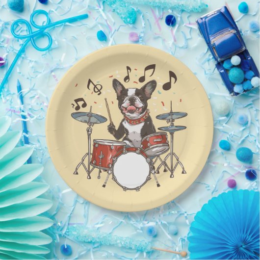 Boston Terrier Dog Playing Drums Pappteller (Party)