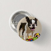 Boston Terrier Dog Playing with Toys Button (Vorne & Hinten)