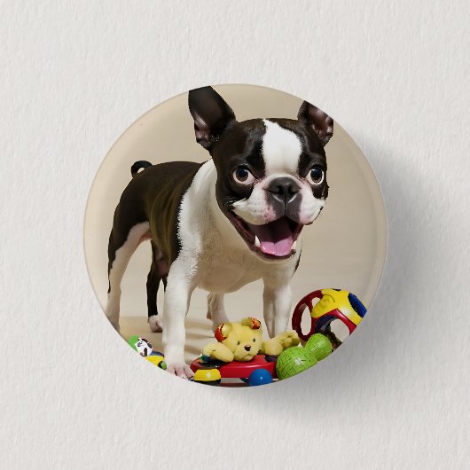 Boston Terrier Dog Playing with Toys Button (Vorderseite)