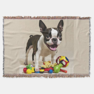 Boston Terrier Dog Playing with Toys Decke