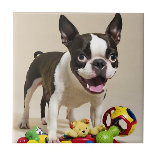 Boston Terrier Dog Playing with Toys Fliese (Vorderseite)