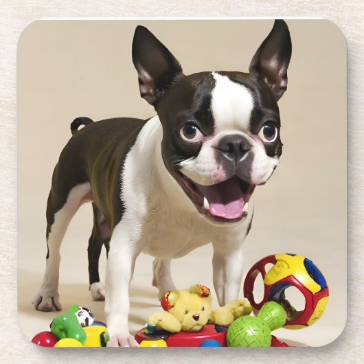 Boston Terrier Dog Playing with Toys Getränkeuntersetzer (Vorderseite)