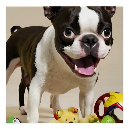 Boston Terrier Dog Playing with Toys Poster (Vorderseite)