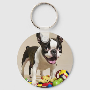 Boston Terrier Dog Playing with Toys Schlüsselanhänger