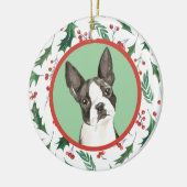 Boston Terrier Dog Red Berry Holly Border Keramik Ornament (Links)