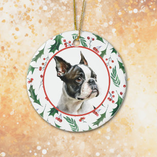 Boston Terrier Dog Red Berry Holly Border Keramik Ornament