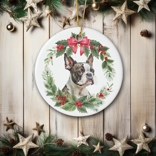 Boston Terrier Dog Red Bow Holly Wreath Keramik Ornament