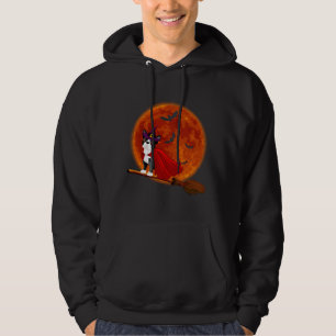 Boston Terrier Dog Riding Broom Blood Moon Hoodie