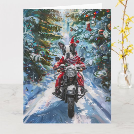 Boston Terrier Dog Riding Motorrad Weihnachten Karte (Gelbe Blume)