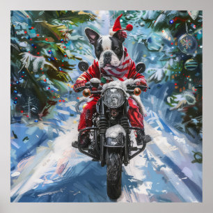 Boston Terrier Dog Riding Motorrad Weihnachten Poster
