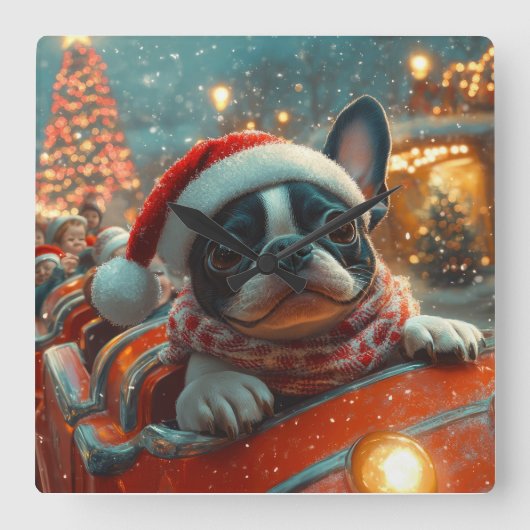 Boston Terrier Dog Roller Untersetzer Weihnachten Quadratische Wanduhr (Vorderseite)
