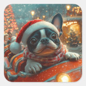Boston Terrier Dog Roller Untersetzer Weihnachten Quadratischer Aufkleber (Vorderseite)