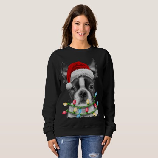 Boston Terrier Dog Santa Christmas Tree Lights Xma Sweatshirt (Vorne ganz)