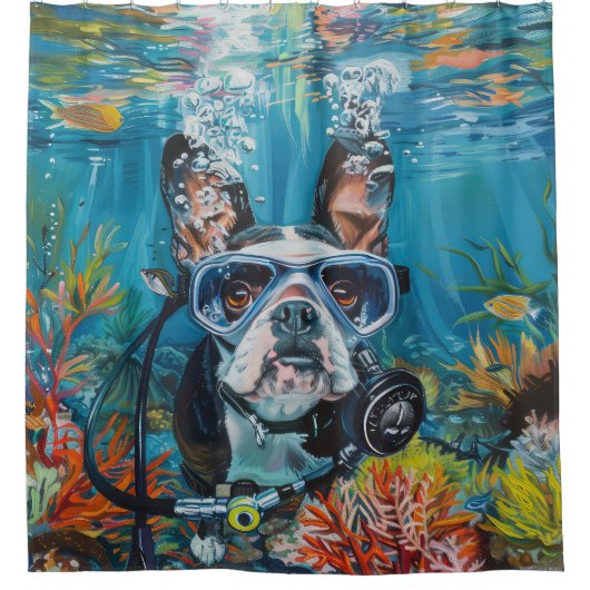 Boston Terrier Dog Scuba Diving Underwater Duschvorhang (Vorderseite)