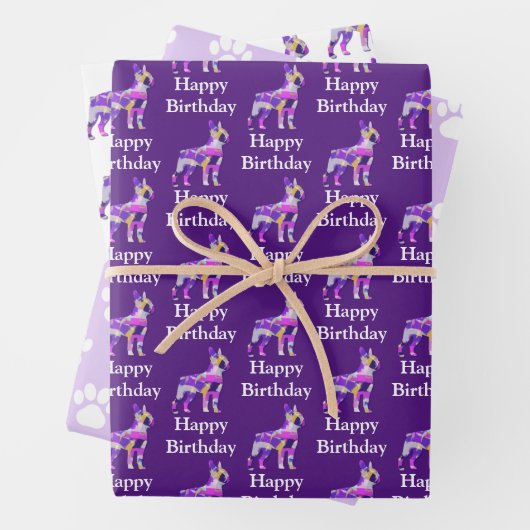Boston Terrier Dog Silhouette Lila Happy Bday Geschenkpapier Set (Beispiel)